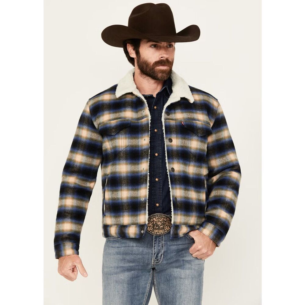Levi's Men's Blue Western Barn Coat Plaid Print Sherpa Lined Trucker Jacket MED